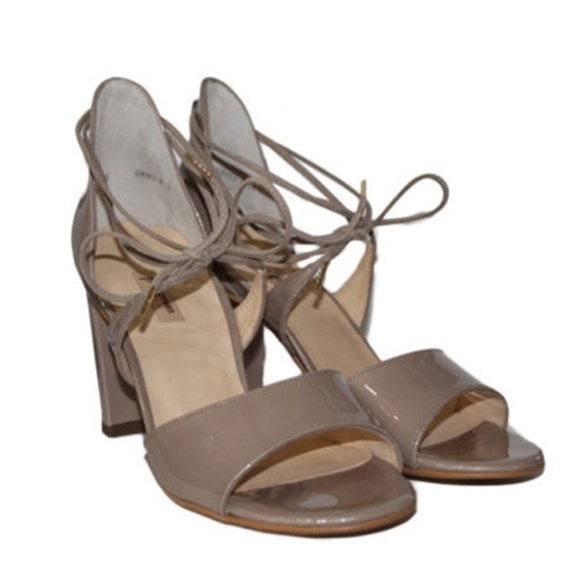 PAUL Green Nude Block Heel Patent Sandals with tie sz UK 5.5 US 8